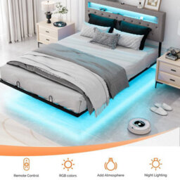 Floating King Size Bed Frame With Led Light & Storage Headboard - thumbnail 6