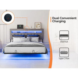 Floating King Size Bed Frame With Led Light & Storage Headboard - thumbnail 5