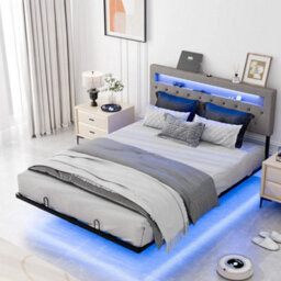 Floating King Size Bed Frame With Led Light & Storage Headboard - thumbnail 1