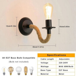 2X Industrial Wall Light Rotatable Indoor Rope Wall Lamp E27 Hallway Living Room - thumbnail 2