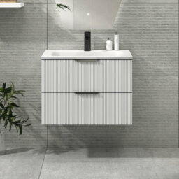 Royal Bathrooms Evora 700mm Matt White Fluted Wall Hung Bathroom Vanity Unit 2 Drawer Cabinet Storage With Stone Basin & Matt Black Handles