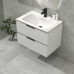 Royal Bathrooms Evora 700mm Matt White Fluted Wall Hung Bathroom Vanity Unit 2 Drawer Cabinet Storage With Stone Basin & Matt Black Handles - thumbnail 6