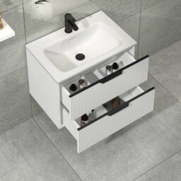 Royal Bathrooms Evora 700mm Matt White Fluted Wall Hung Bathroom Vanity Unit 2 Drawer Cabinet Storage With Stone Basin & Matt Black Handles - thumbnail 5