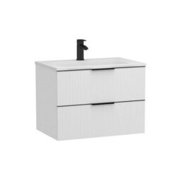 Royal Bathrooms Evora 700mm Matt White Fluted Wall Hung Bathroom Vanity Unit 2 Drawer Cabinet Storage With Stone Basin & Matt Black Handles - thumbnail 7