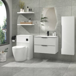 Royal Bathrooms Evora 700mm Matt White Fluted Wall Hung Bathroom Vanity Unit 2 Drawer Cabinet Storage With Stone Basin & Matt Black Handles - thumbnail 4
