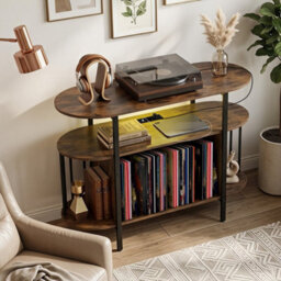 Brown Turntable Cabinet With Charging Station And Led Lights Vinyl Record Player Table - thumbnail 3