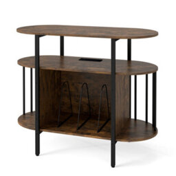 Brown Turntable Cabinet With Charging Station And Led Lights Vinyl Record Player Table - thumbnail 5