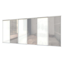 A-Class Sliding Doors Set Of 6 White Glass & Mirror Sliding Wardrobe Door Kit, White Frame & Tracks, Opening Height (H) 225-226Cm & Width (W) 444-445Cm - thumbnail 1