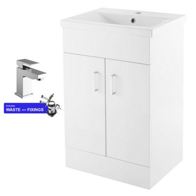 FNX Bathrooms 500mm Bathroom Floor Standing Vanity Unit & Basin Storage Cabinet With Soft Close Doors Gloss White - image 1