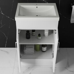 FNX Bathrooms 500mm Bathroom Floor Standing Vanity Unit & Basin Storage Cabinet With Soft Close Doors Gloss White - thumbnail 2