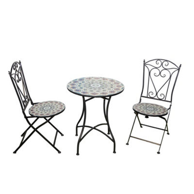 Shatchi Mosaic Bistro Set With Round Table And Two Folding Chairs For Garden Patio Balcony And Outdoor Dining - image 1