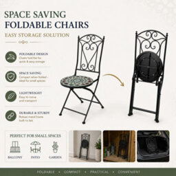 Shatchi Mosaic Bistro Set With Round Table And Two Folding Chairs For Garden Patio Balcony And Outdoor Dining - thumbnail 3