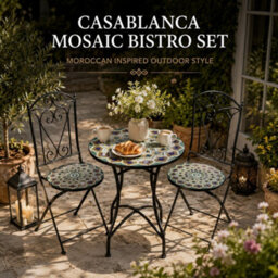 Shatchi Mosaic Bistro Set With Round Table And Two Folding Chairs For Garden Patio Balcony And Outdoor Dining - thumbnail 6