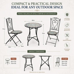 Shatchi Mosaic Bistro Set With Round Table And Two Folding Chairs For Garden Patio Balcony And Outdoor Dining - thumbnail 5