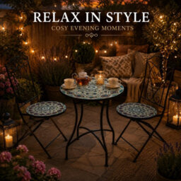 Shatchi Mosaic Bistro Set With Round Table And Two Folding Chairs For Garden Patio Balcony And Outdoor Dining - thumbnail 8