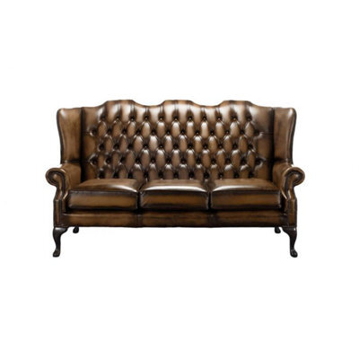 Chesterfield 3 Seater High Back Antique Autumn Tan Leather Sofa In Mallory Style - image 1