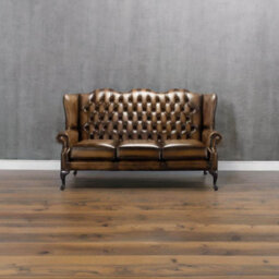 Chesterfield 3 Seater High Back Antique Autumn Tan Leather Sofa In Mallory Style - thumbnail 4