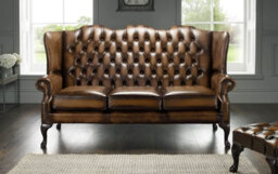 Chesterfield 3 Seater High Back Antique Autumn Tan Leather Sofa In Mallory Style - thumbnail 2
