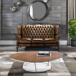 Chesterfield 3 Seater High Back Antique Autumn Tan Leather Sofa In Mallory Style - thumbnail 3