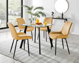 Furniturebox Seattle Scandi Inspired Glass And Black Metal Leg Square Dining Table & 4 Mustard Pesaro Velvet Black Leg Chairs