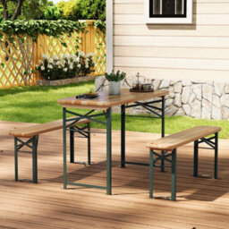 Living And Home Set Of 3 Garden Patio Metal Wood Folding Table Bench Set Camping Outdoor Furniture Set - thumbnail 2