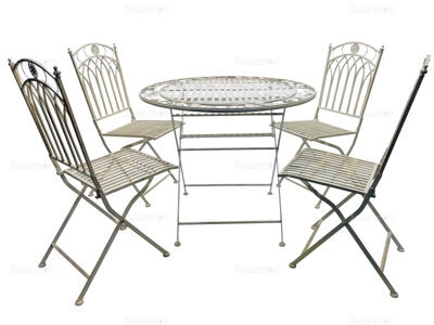 Fully Assembly Outdoor Vintage Dining Set, 4 Folding Chairs And Round Table - Ornate Wrought Iron Design, White Antique Finish - image 1