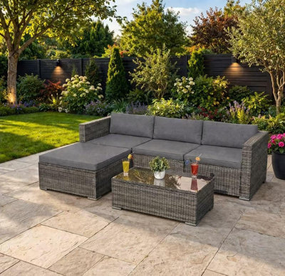 Sana Sleep Garden Corner Sofa Rattan Furniture Set 5 Piece 3 Seater Patio Outdoor Lounge Settee With Glass Coffee Table All