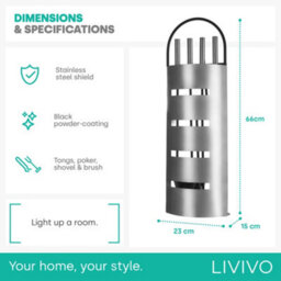Livivo 5 Piece Fireplace Tools Set Heavy Duty Steel Companion Kit With Stand Tongs Brush Shovel And Poker Silver - thumbnail 8