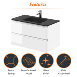 Plum&clay Marvel Gloss White Wall Hung Bathroom Vanity Unit With Grey Glass Basin (W)900mm - thumbnail 6