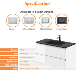 Plum&clay Marvel Gloss White Wall Hung Bathroom Vanity Unit With Grey Glass Basin (W)900mm - thumbnail 5