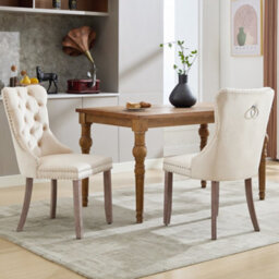 Matteo Set Of 6 Modern Upholstered Velvet Dining Chairs With Button Tufted Back & Brushed Wood Legs - Beige - thumbnail 2
