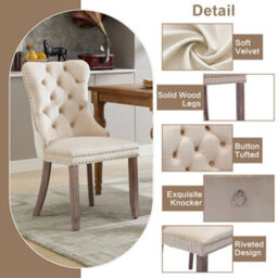 Matteo Set Of 6 Modern Upholstered Velvet Dining Chairs With Button Tufted Back & Brushed Wood Legs - Beige - thumbnail 7