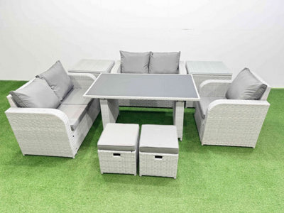 Fimous Rattan Sofa Outdoor Furniture With Dining Table,2 Side Tables,love Sofa,2 Small Stools Patio Furniture Light Grey 7 Seater - image 1