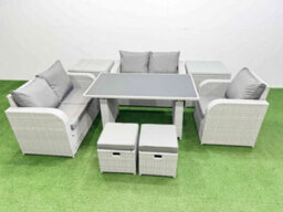 Fimous Rattan Sofa Outdoor Furniture With Dining Table,2 Side Tables,love Sofa,2 Small Stools Patio Furniture Light Grey 7 Seater - thumbnail 2