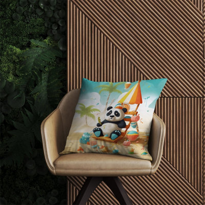 Warren Reed Designer Happy Panda On A Beach Holiday Outdoor Cushion 60Cm X 60Cm