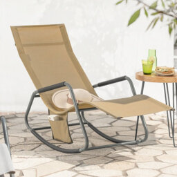 Sobuy Ogs47-Ka, Indoor Outdoor Garden Rocking Sun Lounger Recliner Relaxing Chair With Side Bag,brown,w145Xd57Xh82 - thumbnail 2