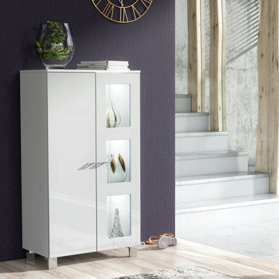 Furneo White Sideboard Cabinet Modern High Gloss &matt Cupboard White Led Lights Mia 02 - image 1