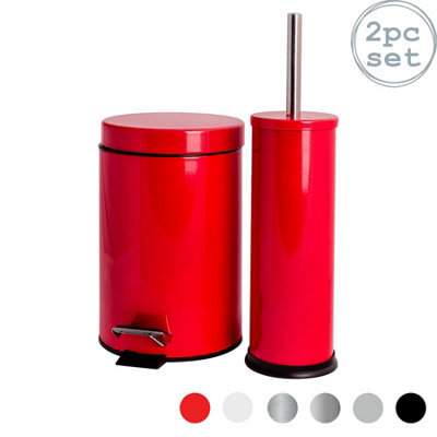 Harbour Housewares 3L Bathroom Bin & Brush Set - Red - Round Stainless Steel Slim Trashcan Pedal Bin & Toilet Brush Set - image 1