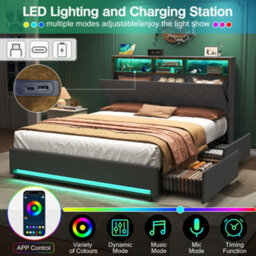 Btm 4Ft6 Double Bed With 4 Drawers, Concealed Storage, Tufted Rgb Led Headboard, Charging Station, Linen Grey (No Mattress) - thumbnail 7
