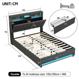 Btm 4Ft6 Double Bed With 4 Drawers, Concealed Storage, Tufted Rgb Led Headboard, Charging Station, Linen Grey (No Mattress) - thumbnail 9
