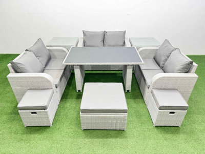 Fimous 9 Seater Patio Garden Furniture Sets With Black Glass Top Dining Table Love Sofa 2 Side Tables 3 Stool Light Grey - image 1