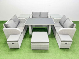 Fimous 9 Seater Patio Garden Furniture Sets With Black Glass Top Dining Table Love Sofa 2 Side Tables 3 Stool Light Grey - thumbnail 1