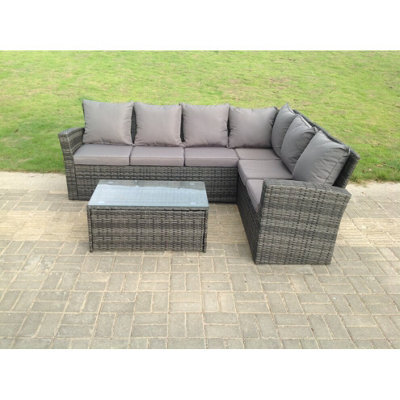 Fimous High Back Rattan Corner Sofa Set Oblong Coffee Tea Table Outdoor Furniture Dark Grey Mixed - image 1