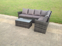 Fimous High Back Rattan Corner Sofa Set Oblong Coffee Tea Table Outdoor Furniture Dark Grey Mixed - thumbnail 2