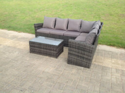 Fimous High Back Rattan Corner Sofa Set Oblong Coffee Tea Table Outdoor Furniture Dark Grey Mixed - thumbnail 3