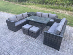 Fimous 11 Seater Outdoor Pe Wicker Garden Furniture Rattan Lounge Sofa Set Patio Rectangular Dining Table With 2 Small Footstool - thumbnail 2