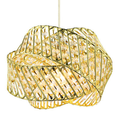 Happy Homewares Designer Triple Ring Gold Pendant Light Shade With Small Clear Acrylic Beads - image 1