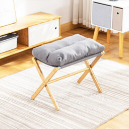 Grey Padded Foldable Bamboo Footstool - Compact Rest Seat & Pouffe (54X34X42Cm) - thumbnail 6