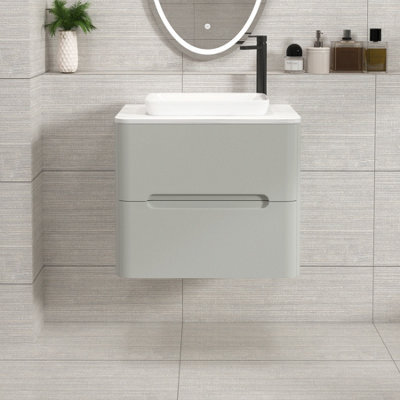 Royal Bathrooms Venice 600mm Dove Grey Wall Mounted Bathroom Countertop Vanity Unit 2 Drawer With Qubix Basin - image 1