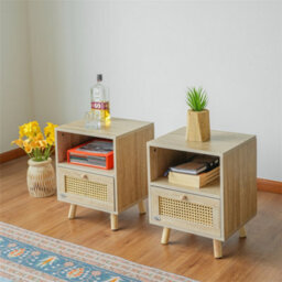 Abrihome Set Of 2 Rattan Nightstand Cabinet, 2 Rattan Drawers Storage And 2 Space Saving Shelves, 40X35X50Cm